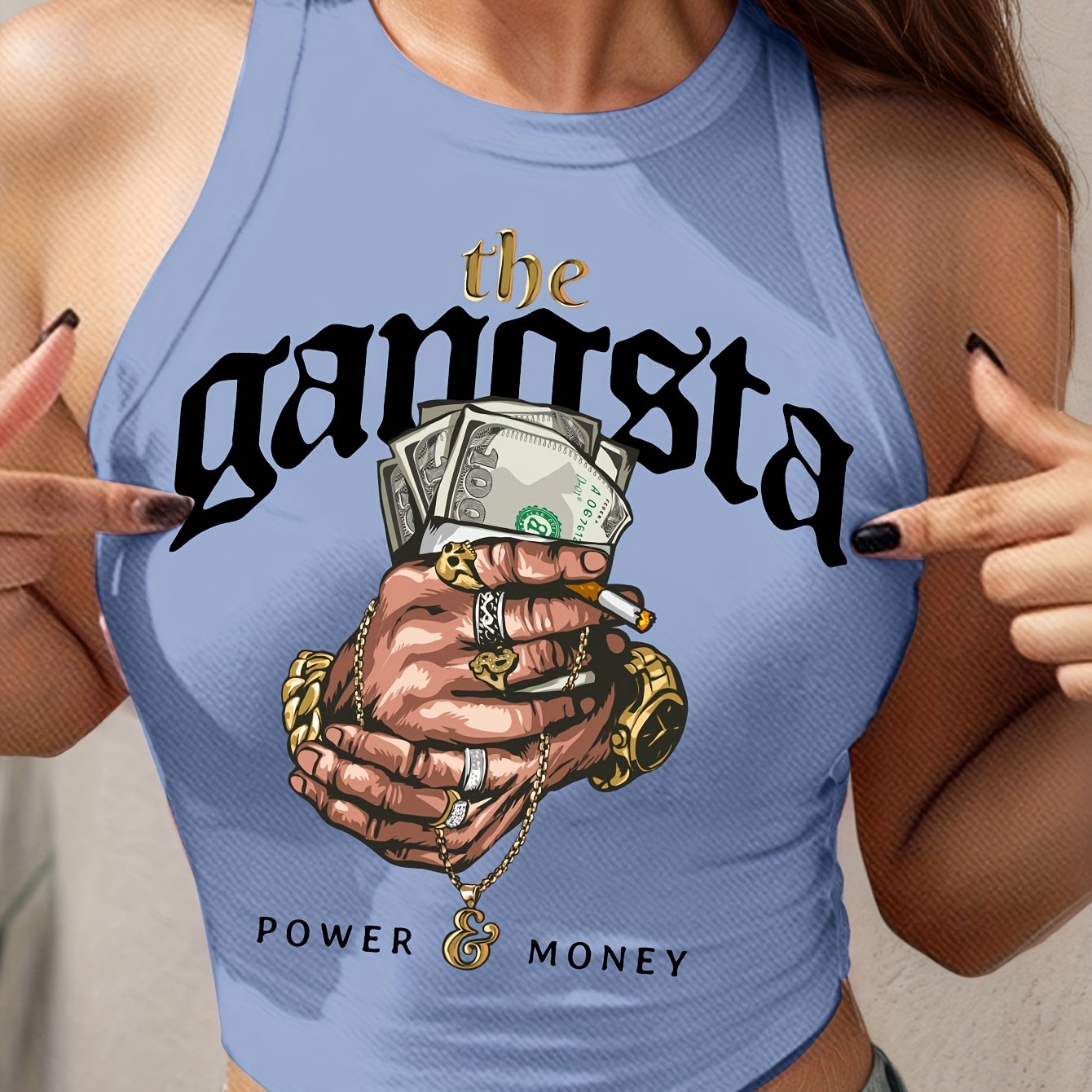 Women'S "The Gangsta" Graphic Crop Top Tank Top - Sleeveless, Light Blue with Money & Handshake Design, Casual Summer Tee for Adults, Casual Attire | Playful Print | Polyester Blen