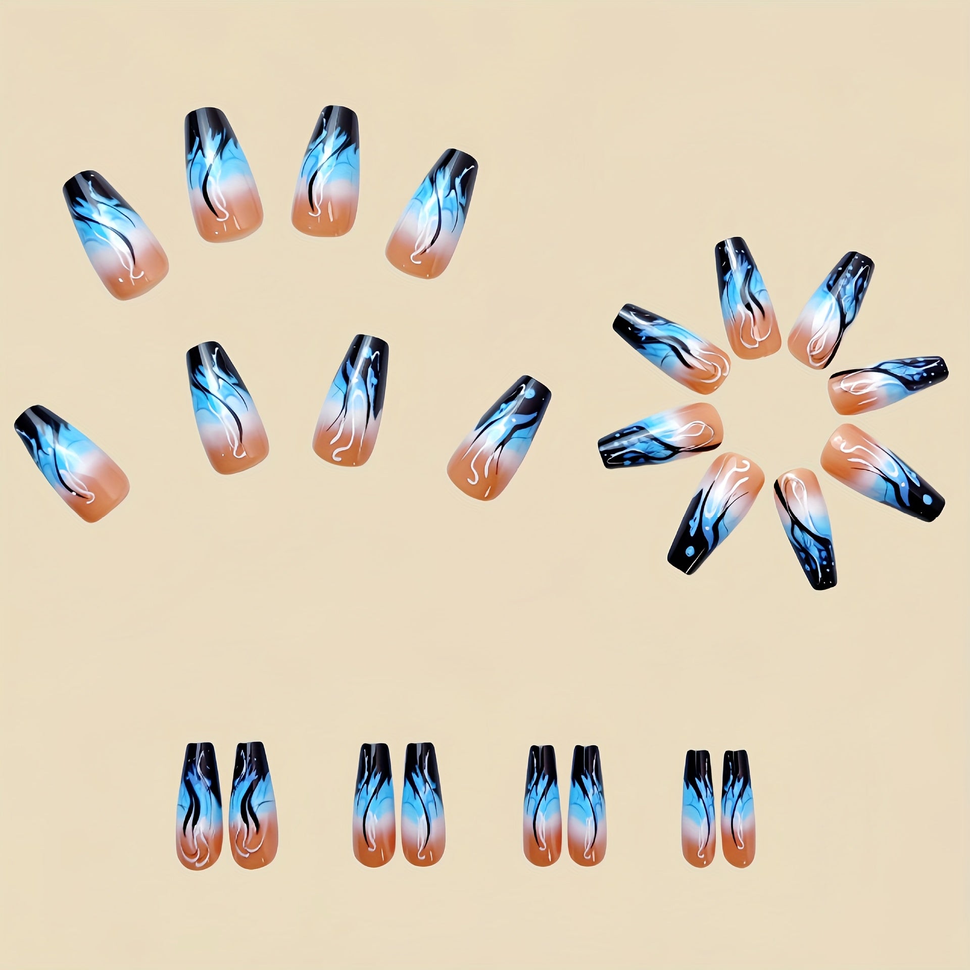 24pcs Bright Blue Gradient Flame Press-on Nails - Ballet Shape, Medium Length, Flame Design, Removable - Perfect Spring/Summer Fashion Choice
