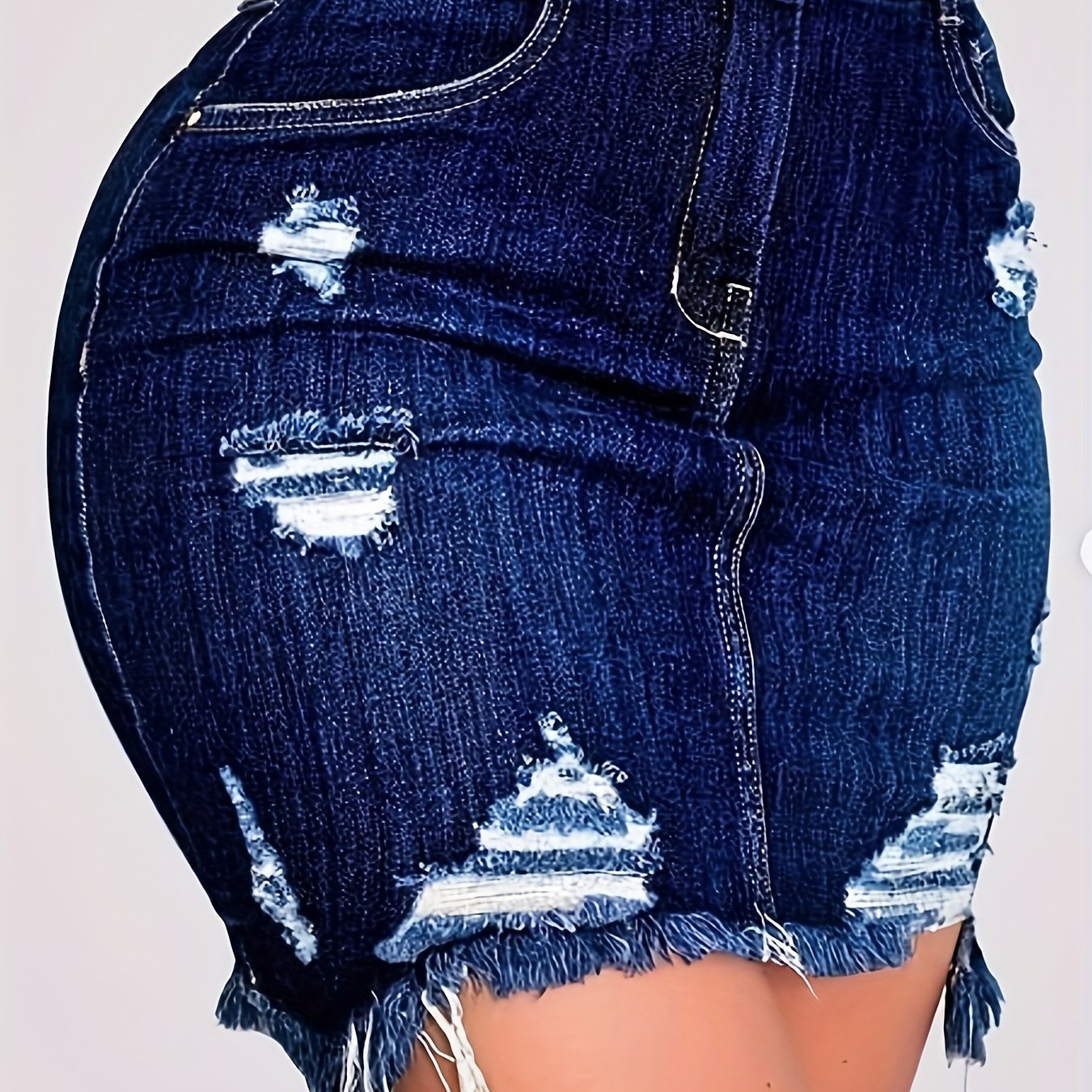 Women's Sexy High-Waisted Distressed Denim Skirt with Frayed Hem - Solid Color Blue Washed Look, Machine Washable 3-Season Casual Skirt for Spring Summer Fall, Casual Summer Wear | Distressed Fashion | Durable Denim