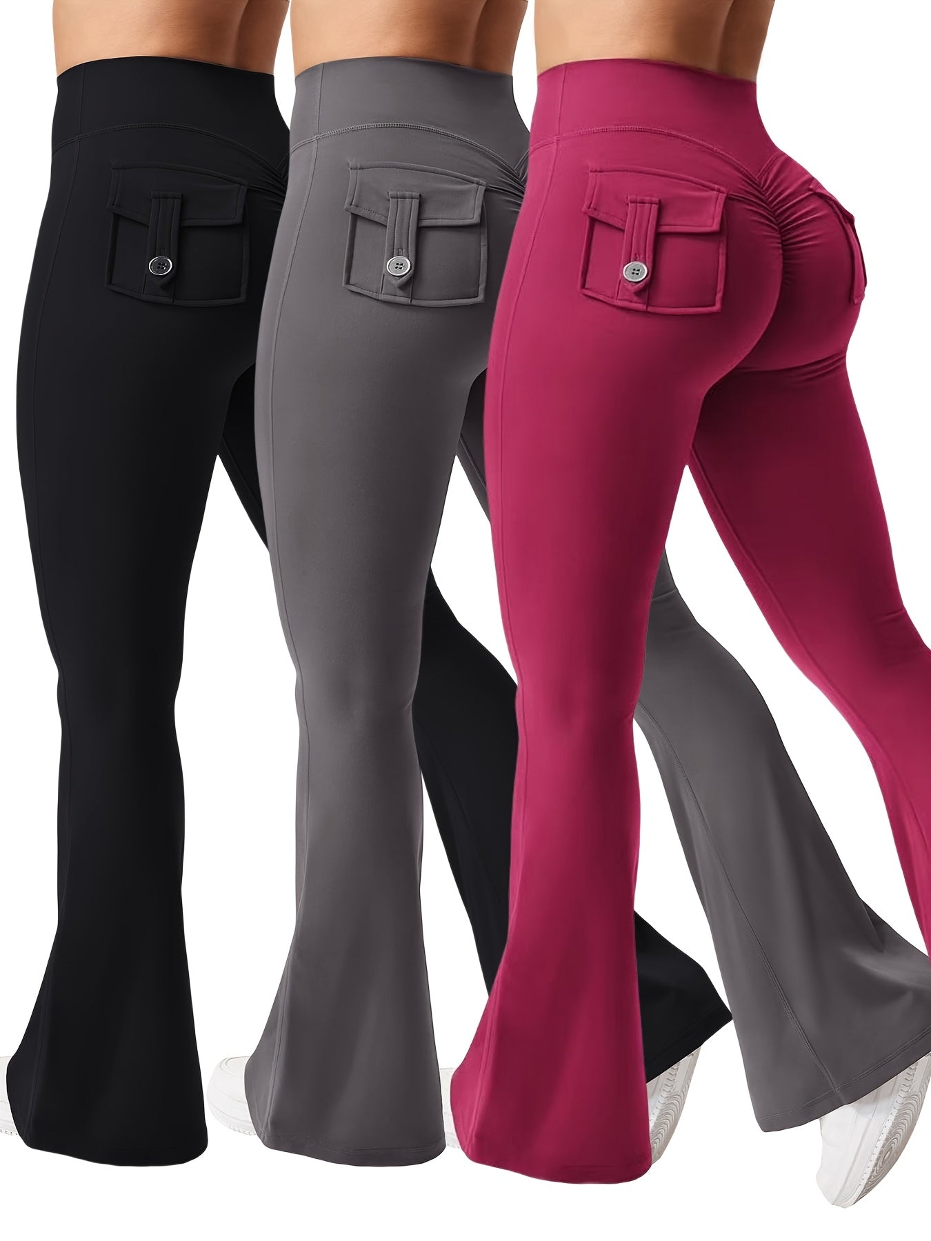 3pcs Women's High Elasticity Yoga Pants with Pockets - Soft Flared Leg Workwear-Style Fitness Pants, Elastic Waistband Tight-Fit Butt-Lifting for Running, Gym & Casual Wear (Black/Grey/Brown), Running Attire | Highwaisted Fla