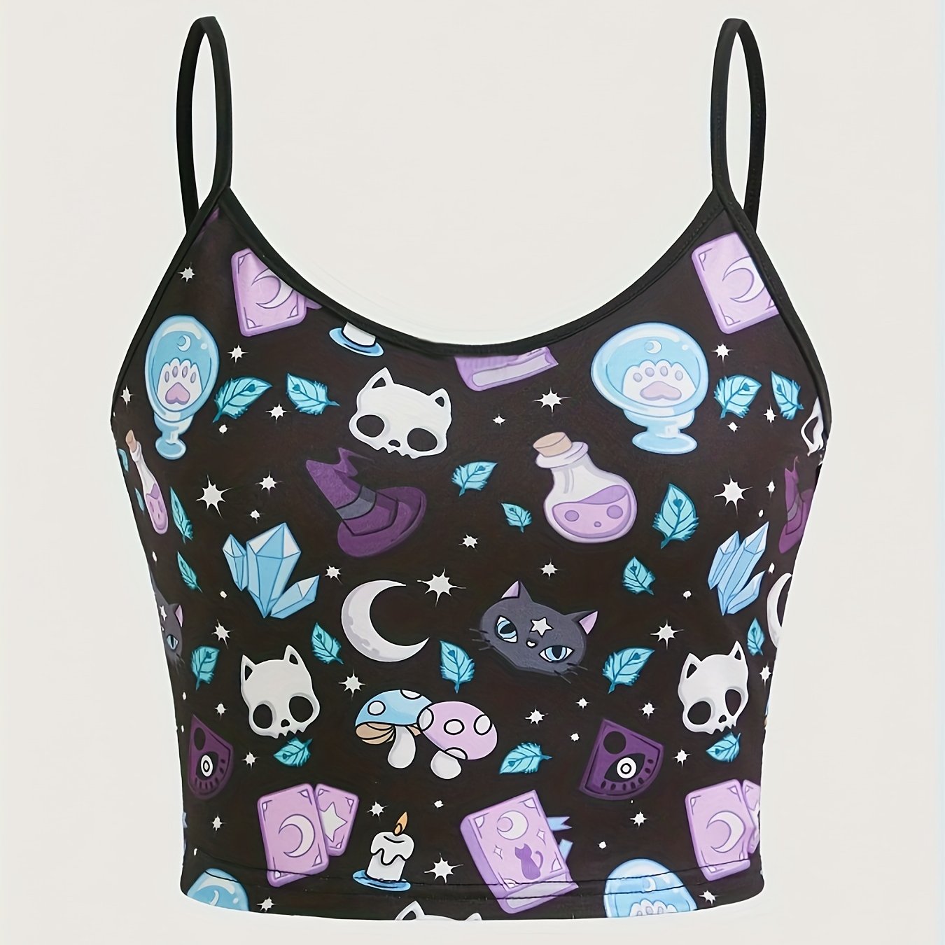 Cat & Mushroom Print Cami Top, Casual Sleeveless Cami Top For Summer, Women's Clothing