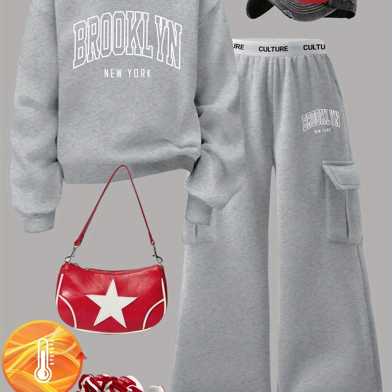 Women's Brooklyn New York Letter Print Sweatshirt Set - Casual Gray Long Sleeve Crewneck & Black Cargo Pants with Pockets, Polyester Blend, Perfect for Fall/Winter