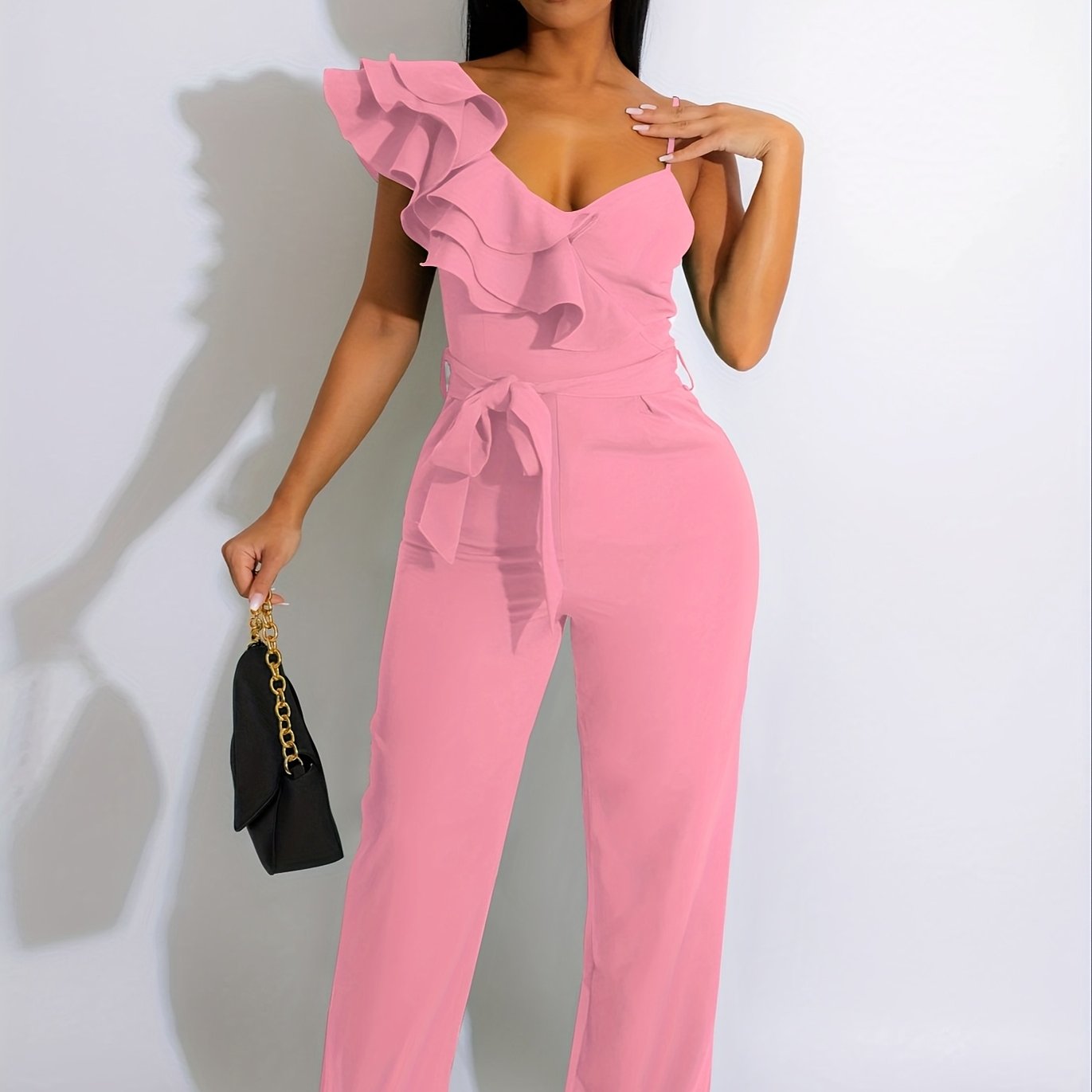 Womens Casual One Piece Jumpsuits V-Neck Sleeveless Ruffle Elegant Romper Wide Leg Pant Sexy Party Clubwear Overalls