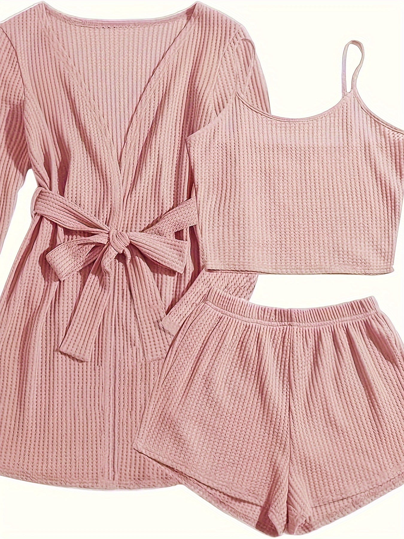 Women's Casual Solid Waffle Lounge Set, Long Sleeve Robe With Belt & Round Neck Backless Crop Cami Top & Shorts, Comfortable Relaxed Fit, Summer Home Wear