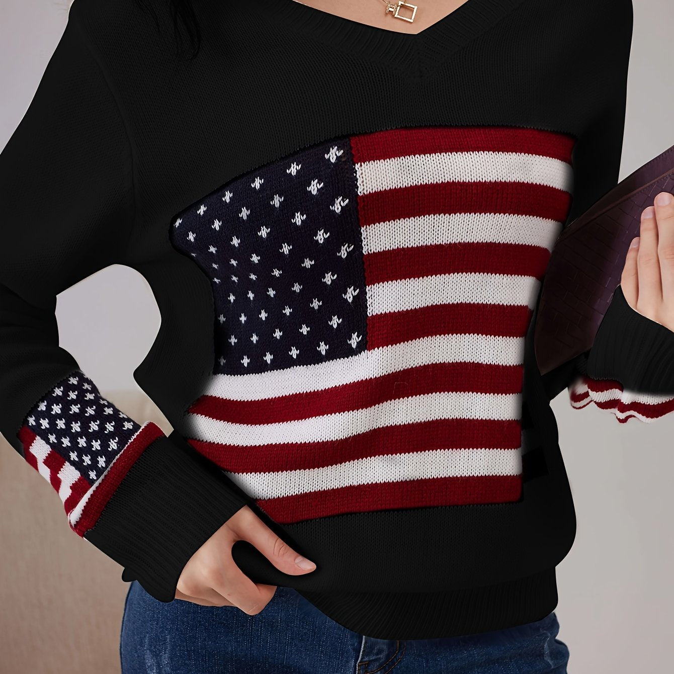 American Flag Print V Neck Sweater, Casual Long Sleeve Sweater For Spring & Fall, Women's Clothing
