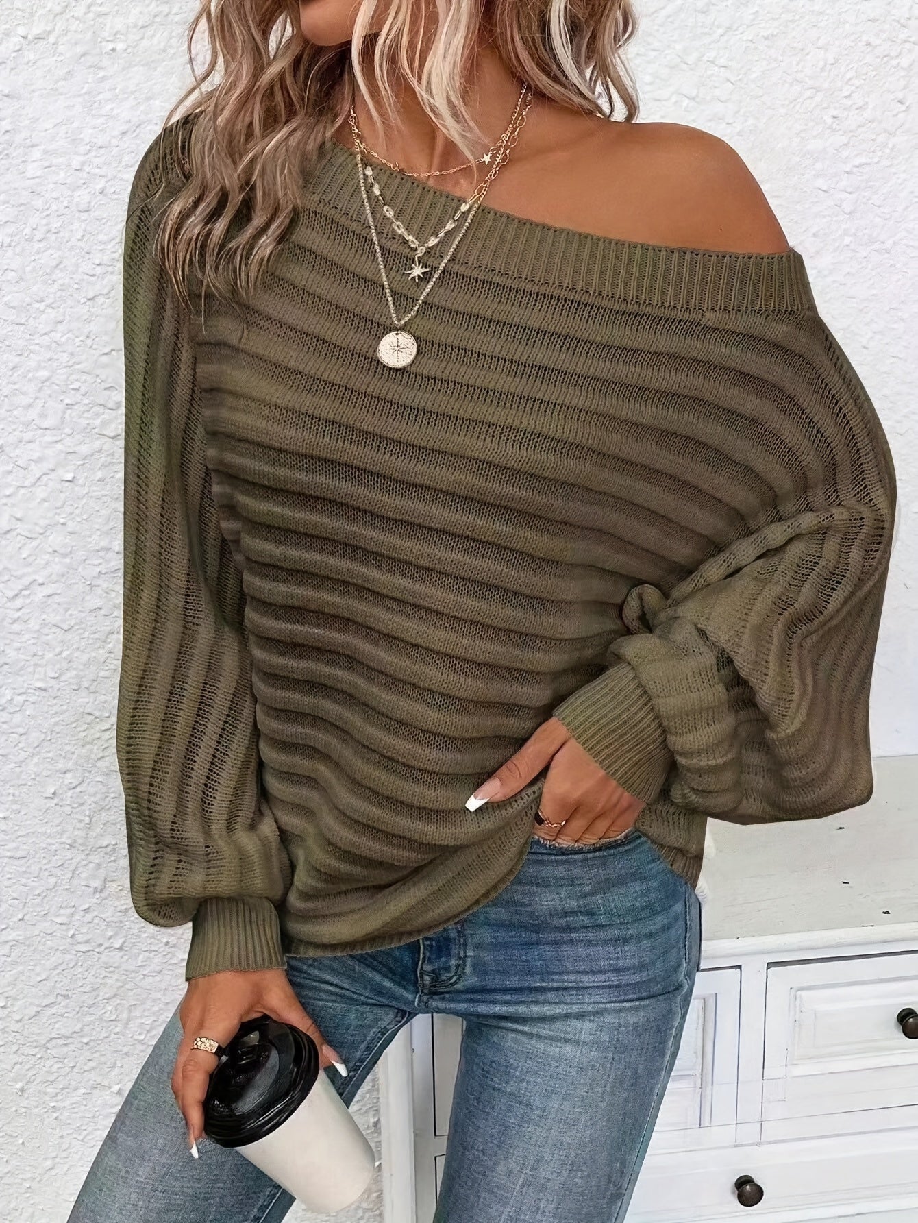 Elegant Off-Shoulder Knit Sweater for Women - Chic Solid Color, Cozy Acrylic Pullover with Lantern Sleeves, Casual & Stylish, Perfect for Fall/Winter - Hand Washable