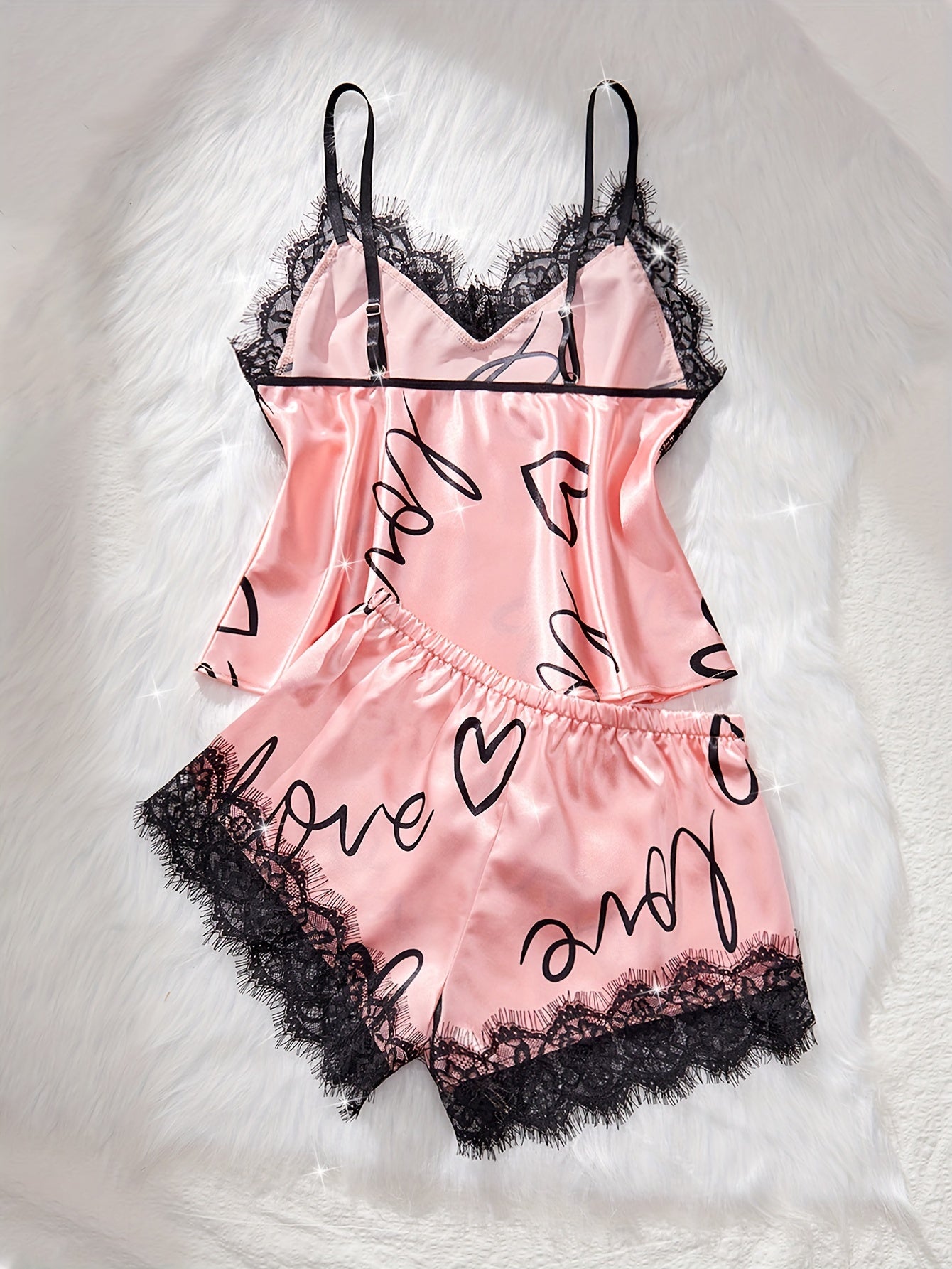 Women's Heart & Letter Print Lace Trim Elegant Satin Pajama Set, V Neck Backless Cami Top & Shorts, Comfortable Relaxed Fit, Summer Nightwear
