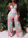 Vibrant Women's Sleeveless Jumpsuit - Casual V-Neck with Tropical Print, Wide Leg, Polyester, Machine Washable - Perfect for All Seasons