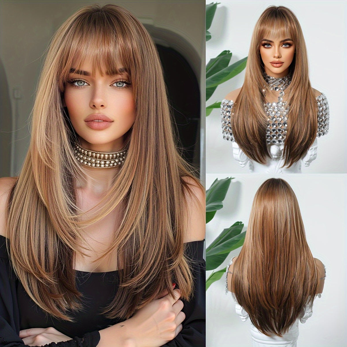 Elegant Women'S Wig Light Brown Long Straight Layered Ends Fashion for Daily Wear with Matte Finish, Tang Long Fiber, 100% Density Rose Net Cap, Versatile Fit for All, Heat-Resistant and Customizable