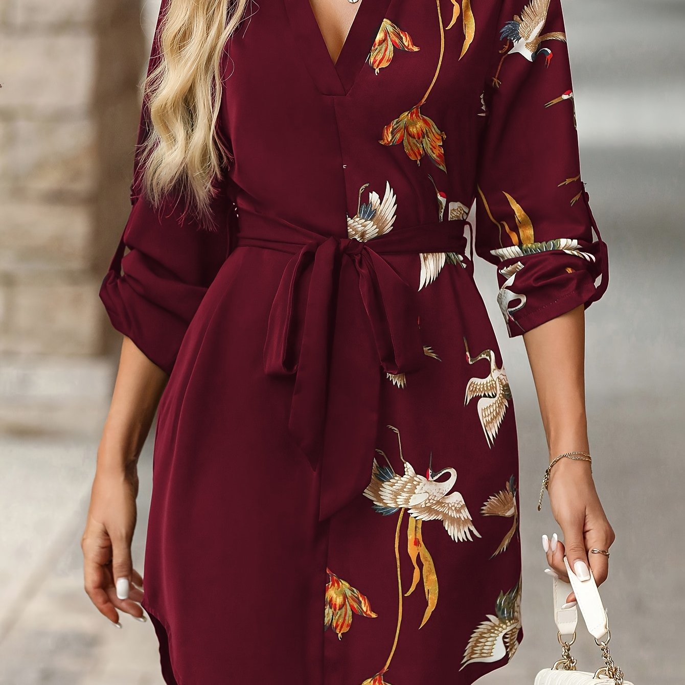 Elegant Women'S V-Neck Dress with Vibrant Bird & Floral Print - Casual A-Line Style, Long Sleeve, Polyester, Green with Golden Accents, Perfect for All Seasons