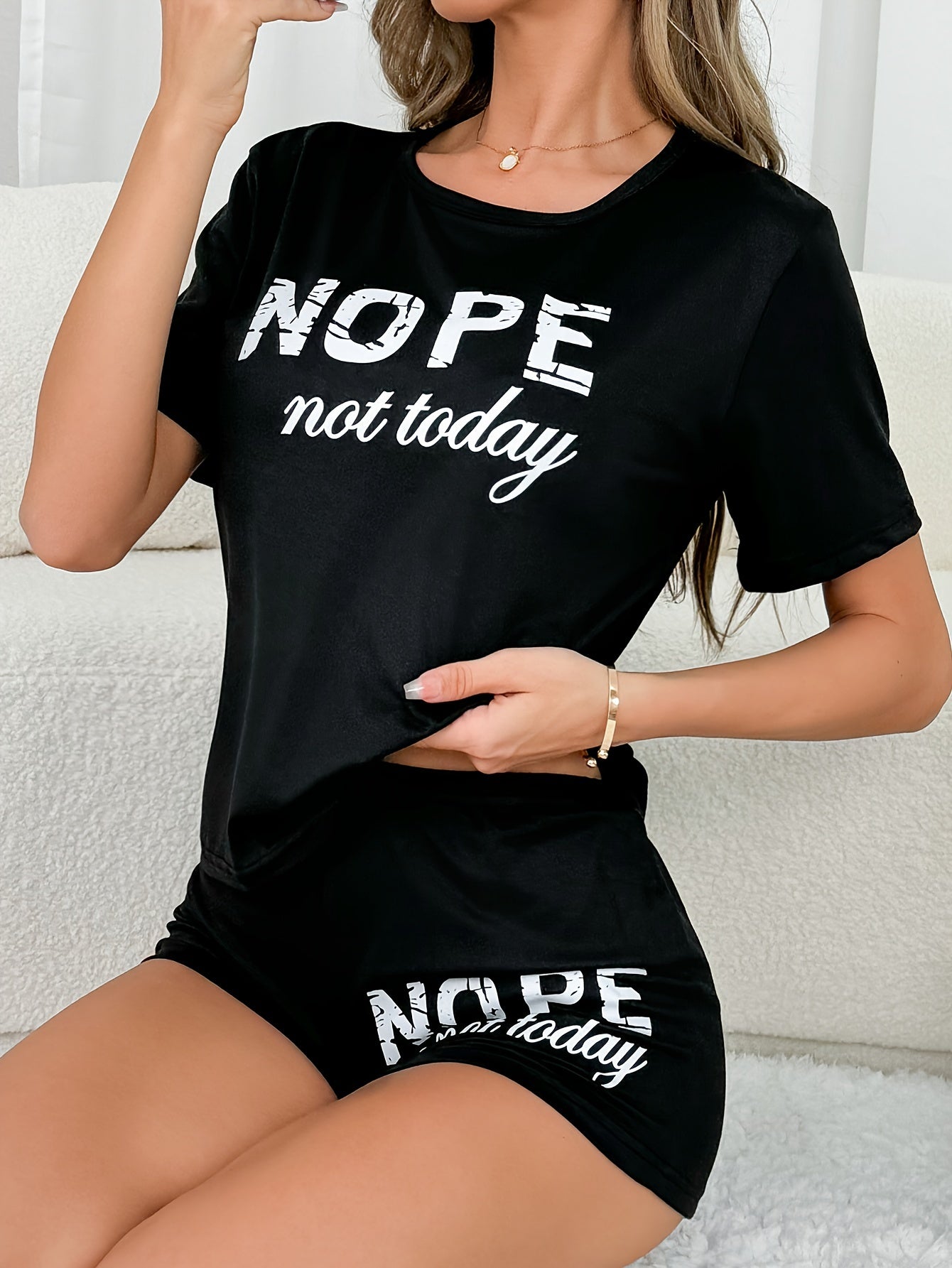 [One Set Comfortable Pajama Outfit] Women's Casual "NOPE not today" Print Short Sleeve T-Shirt and Shorts Pajama Set, Comfortable Loungewear, Sleepwear Outfit