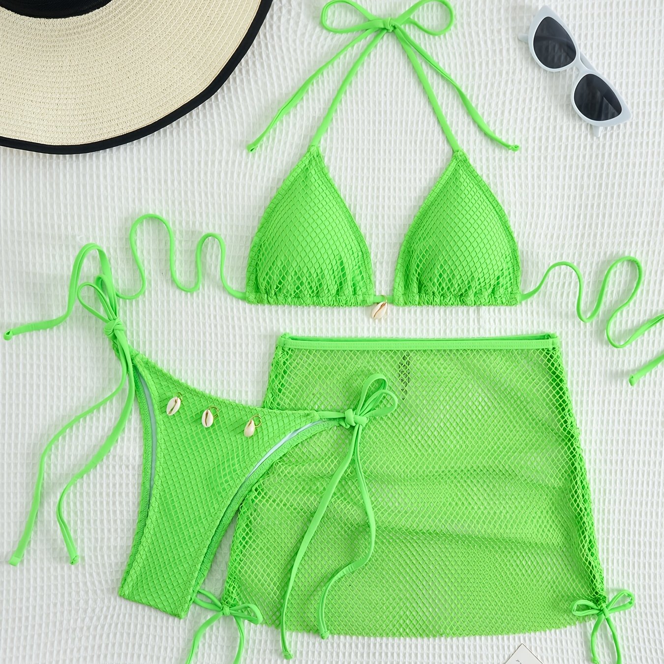Solid Color 3pcs Bikini Set, Halter Neck with Mesh Tie Back and High Cut Sides, Cover-Up Wrap Swimsuit, Women's Swimwear and Clothing Triangle Top