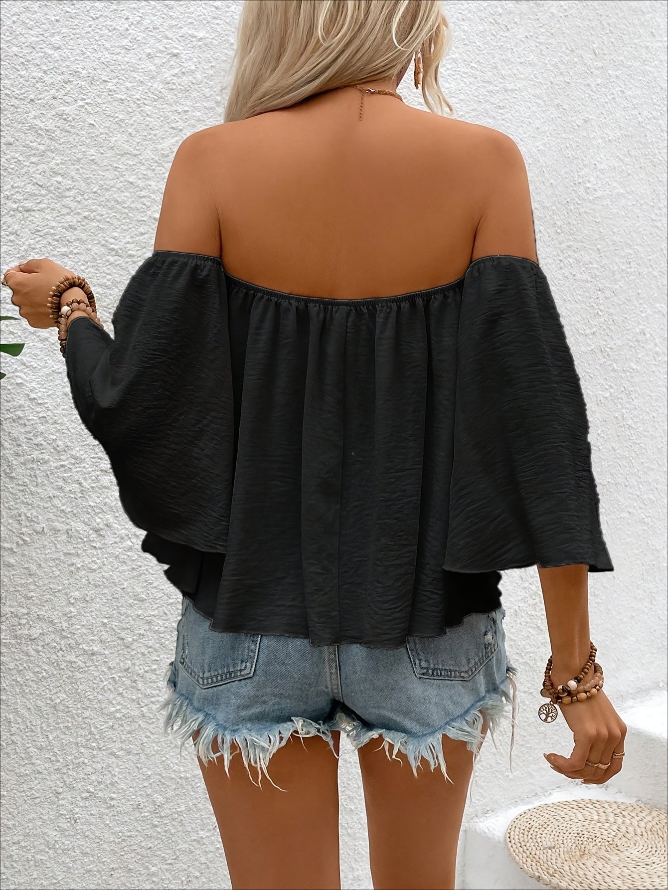 Elegant Off-Shoulder Women’s Blouse - White, Ruffled Bell Sleeves, Cinched Waist, Non-Sheer Polyester, Summer Chic Top for Adults, Ladies Blouses