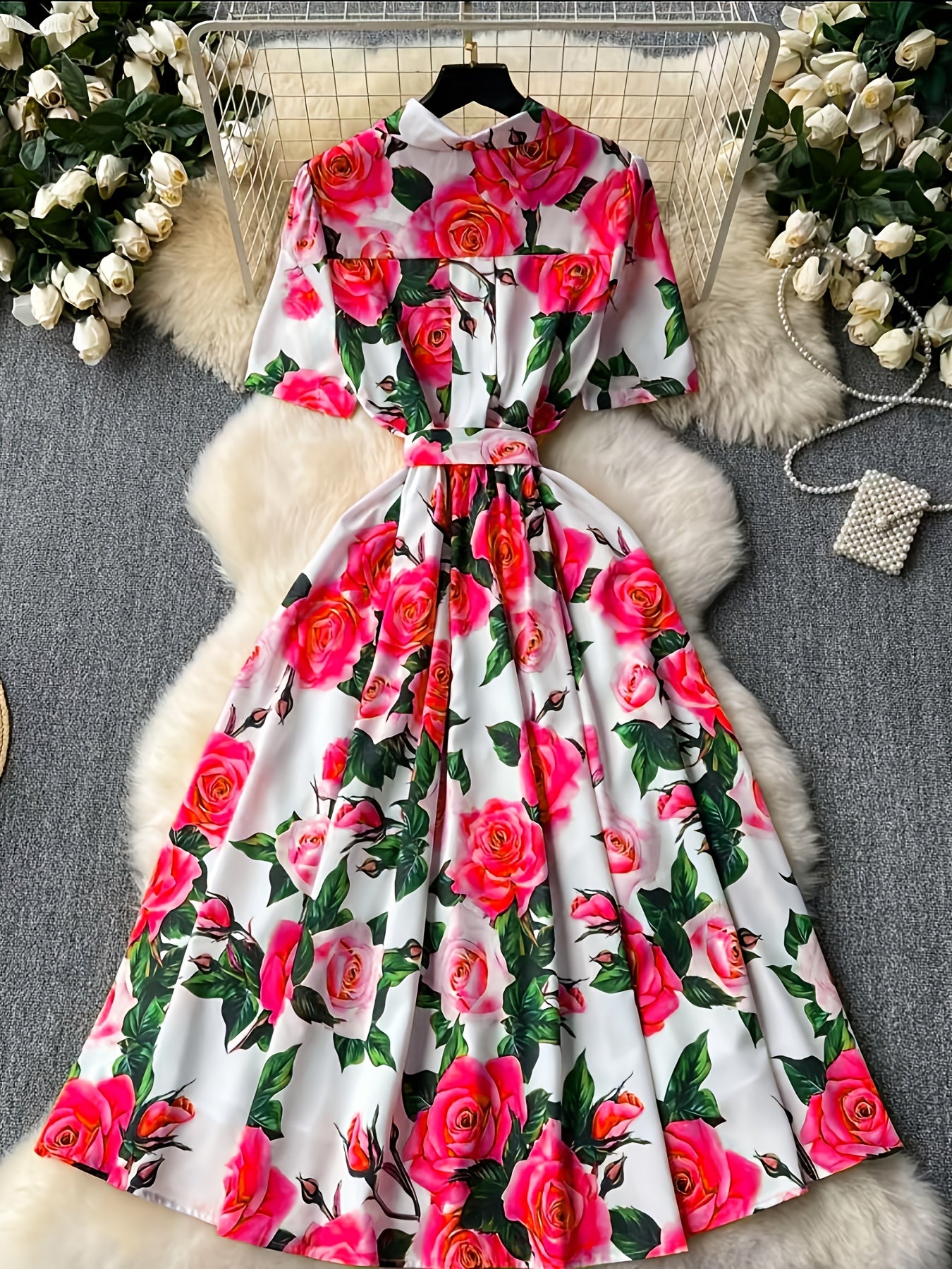 Elegant Women'S Floral Print Dress with Short Sleeves, Lapel Collar, and Cinched Waist - Romantic Rose Design, Perfect for Spring Outings, Garden Parties, and Casual Events, Garden Party Dress | Floral Print Dress | Stylish D