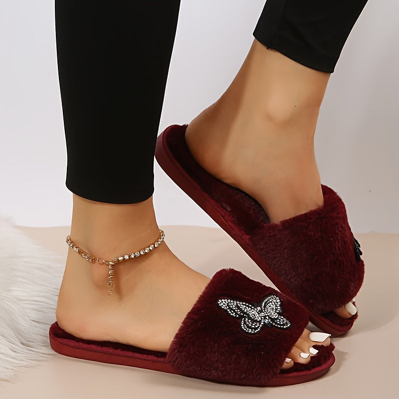 Rhinestone Butterfly Decor Home Warm Slippers, Soft Sole Platform Fluffy Non-slip Shoes, Bedroom Open Toe Plush Shoes