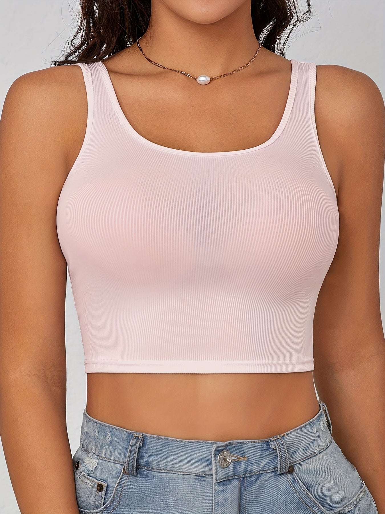 NADIA GO Women's Sleeveless Tank Top - Soft Pastel Pink, Ribbed Polyester-Elastane Blend, Casual Slim Fit Crop Vest for Summer Layering