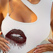 Lips Print Chain Strap Asymmetrical Tank Top, Casual Stylish Slim Fit Crop Top For Spring & Summer, Women's Clothing