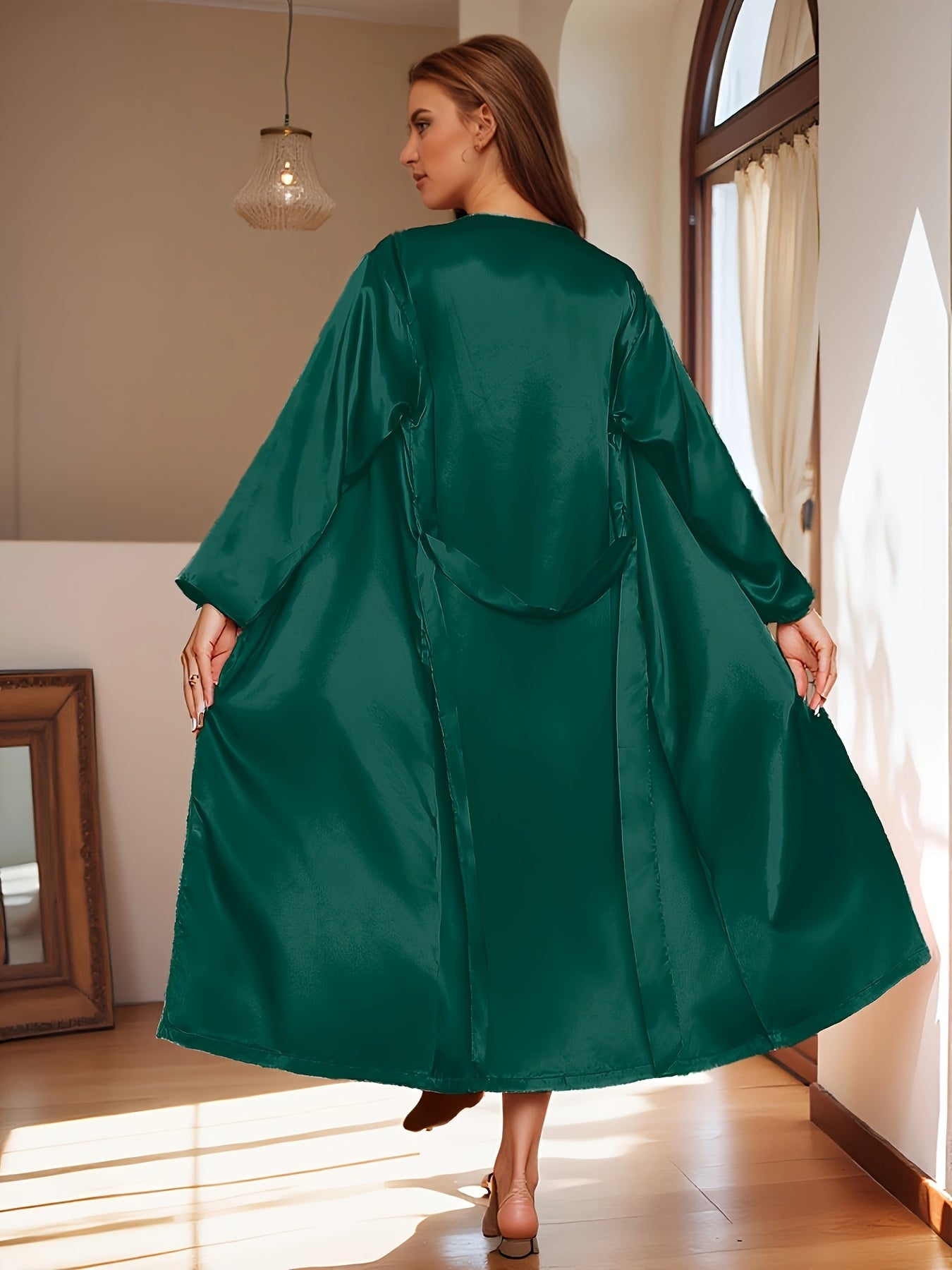 2pcs Women's Elegant V-Neck Satin Pajama Set - Smooth Polyester Fabric, 90g/m², Micro Elasticity - Autumn & Winter Comfortable Home Leisure Wear | Soft & Comfortable | Lace Up Detail