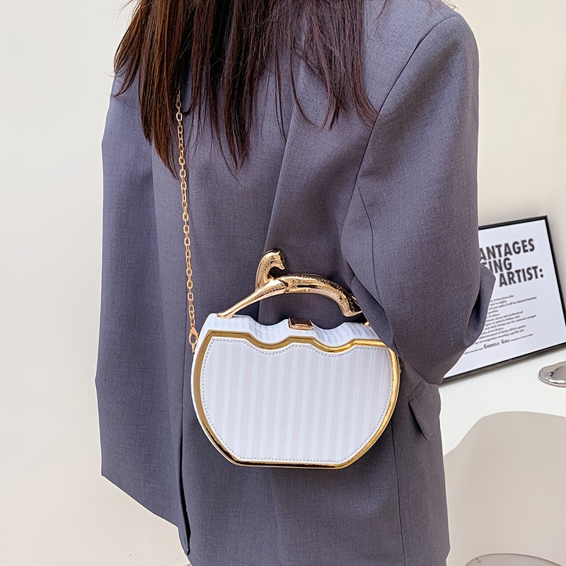 Stylish White Clip-On Bag with Golden Chain Strap - Elegant Kiss Lock Design, Detachable Shoulder Strap, Perfect for Everyday Use