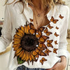 Women's Casual Long Sleeve Collared Shirt with Sunflower Print - Polyester, Machine Washable