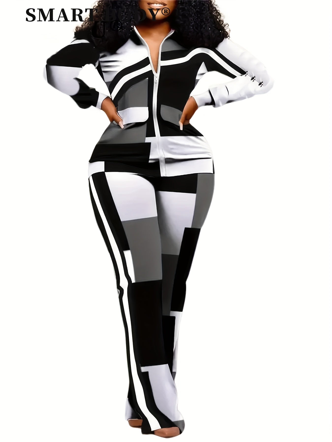 Chic Geo Print Casual Two-piece Tracksuit Set, Women Zip Up Long Sleeve Tops Jacket & Long Flare Pants Outfits, Geometric Plaid Patchwork Matching 2pcs Casual Sweatsuits, Color Block Zipper Jackets And Wide Leg Jogger, Women'