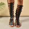 Women's Stylish Flat Sandals, Metallic Strappy Knee-High Flats, Buckle Closure Fashion Summer Shoes