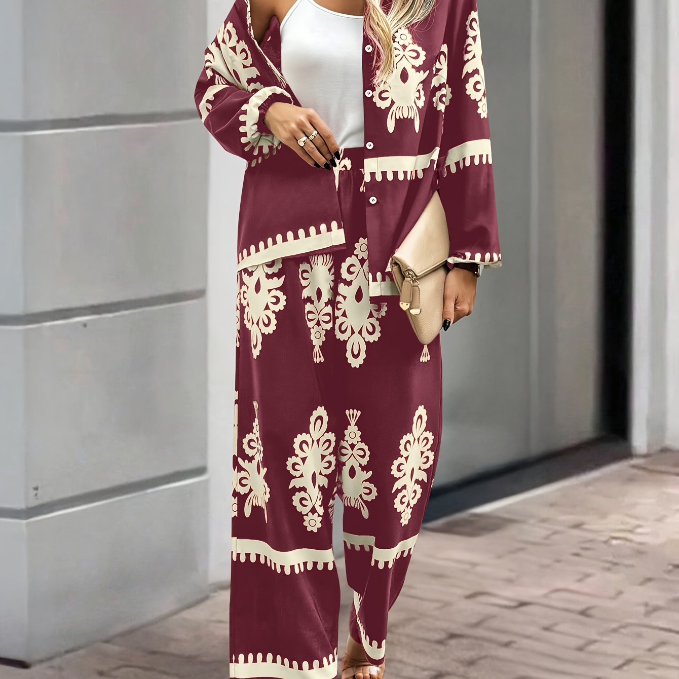 2pcs Elegant Special Set for Women with Random Print Front Button Long Sleeve Top and Pants Casual Suit