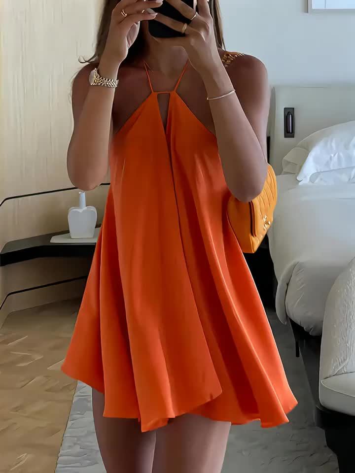 Women's Sexy Backless V-Neck A-Line Dress - Sleeveless, Tie-Back Waist, Flowy Orange Mini Dress for Summer, Beach & Casual Outings