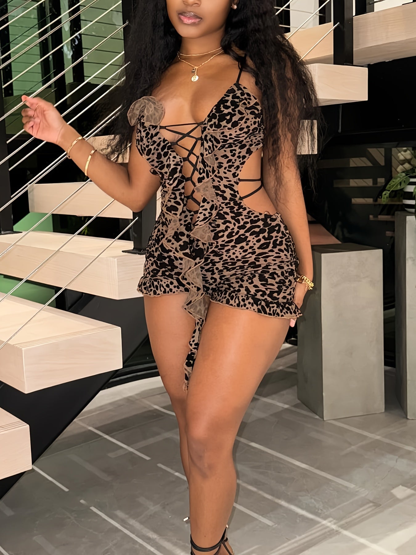 Trendy Street Style Slim Fit Sexy Hot Women'S Lightweight Printed Drawstring Hollow Out Camisole Romper Shorts