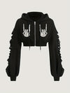 Machine Washable Polyester Print Halloween-Themed Hoodie for Women - Distressed Long Sleeve
