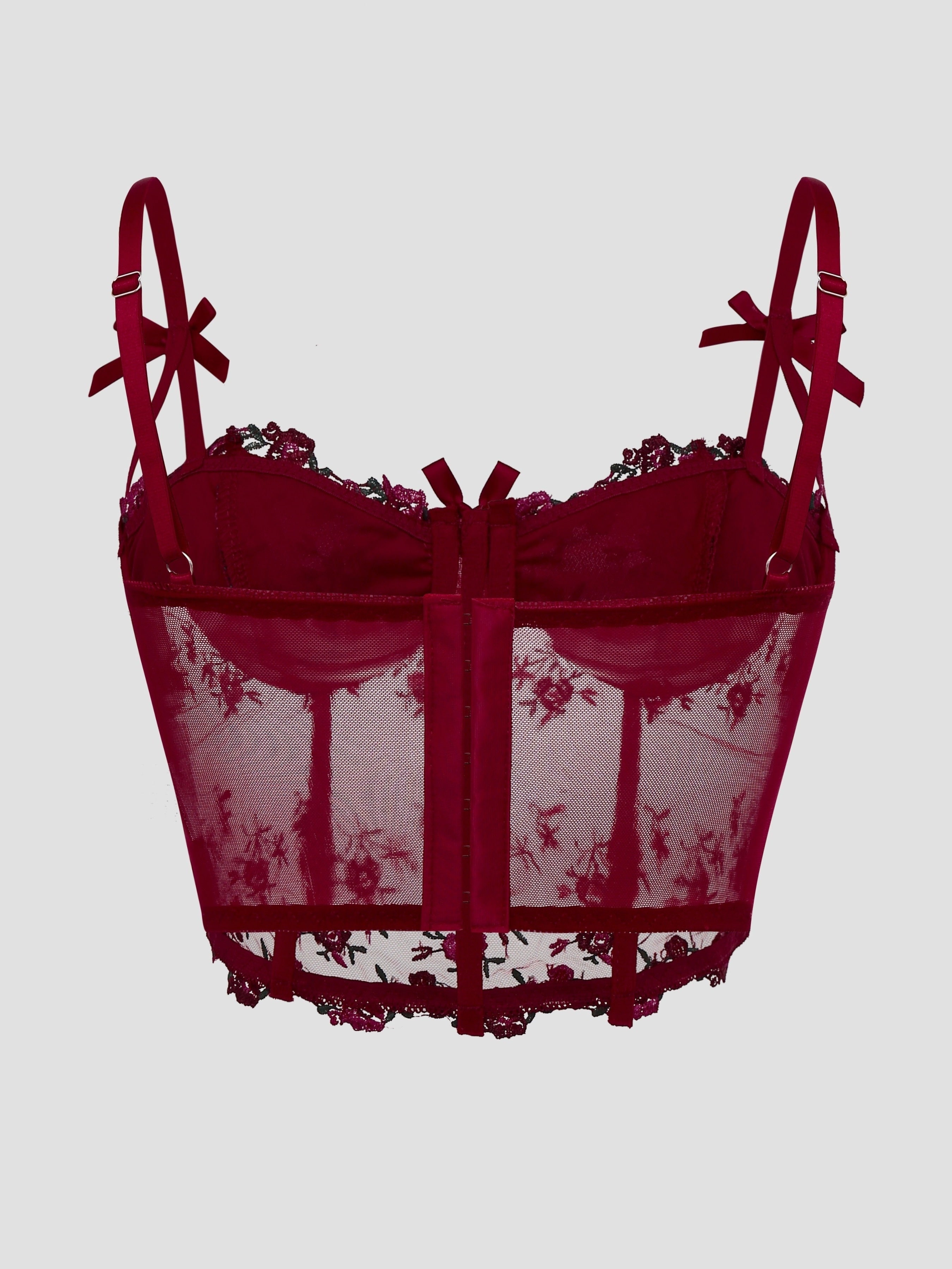 Elegant Black & Red Rose Floral Lace Embroidered Corset Top - Sexy Low-Cut V-Neck Fishbone Mesh Bustier with Adjustable Straps for Women, Perfect for Spring/Summer/Fall, Autumn Clothing | Floral Embroidery | Rose Pattern Desi