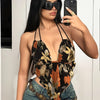 Hawaiian style random printed maple leaf backless halter top, daily casual summer wear halter top, sleeveless V-neck, irregular printed halter top, slim fit, thin shoulder strap, backless design suitable for summer casual wea