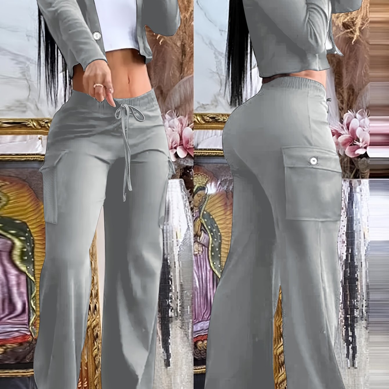 Women'S Stylish Casual Solid Color Two-Piece Set with Long Sleeve Crop Top and Flared Pants, Button Closure - Polyester Blend, Machine Washable, Fashion Casual Wear, Casual Wear|Stylish Casualwear|Polyester Blend