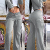 Women'S Stylish Casual Solid Color Two-Piece Set with Long Sleeve Crop Top and Flared Pants, Button Closure - Polyester Blend, Machine Washable, Fashion Casual Wear, Casual Wear|Stylish Casualwear|Polyester Blend