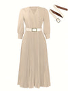 Elegant V-Neck Pleated Midi Dress with Belt for Women - Chic Long Sleeve, Cinched Waist, Ribbed Texture, Perfect for Spring & Fall Formal Event