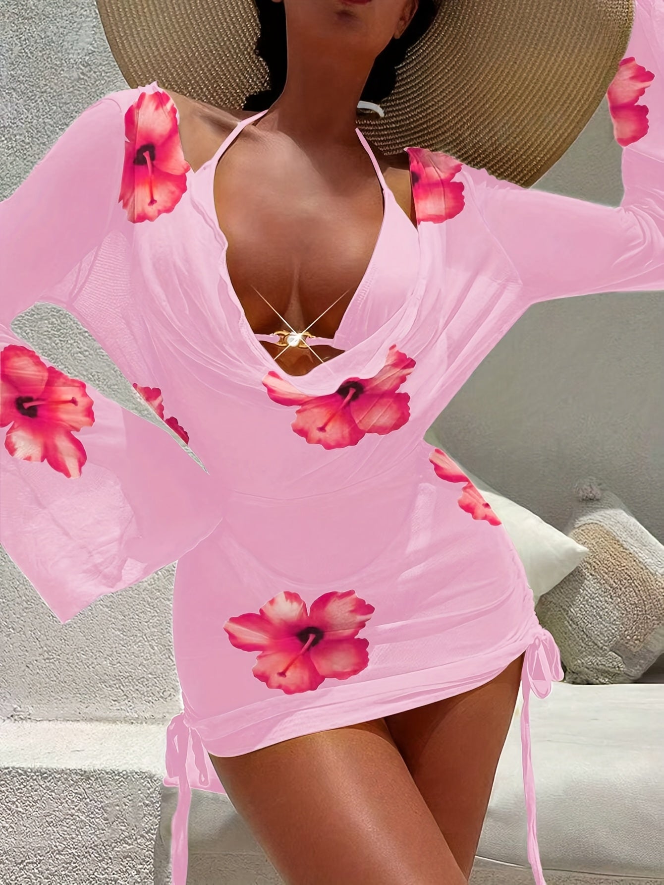 New Three-piece Set with Flower Print and Pearl Buckle Women's Swimsuit Set Beach Resort Hot Spring Strap Sexy White Gauze Bikini