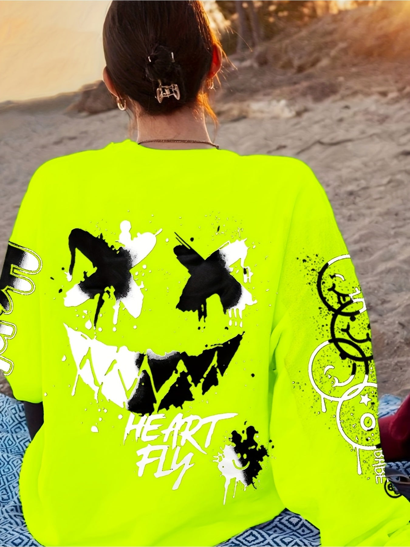 Women's Vibrant Neon Green Graffiti Print Sweatshirt -"HAPPY" & Heart Graphic, Long Sleeve, Lightweight Polyester Blend, Machine Washable, Style