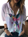 Women'S Long Sleeve Printed Blouse - Vibrant Hummingbird & Floral Design, Casual Lapel Collar, Lightweight Polyester Shirt for Spring/Fall, Ladies Blouses