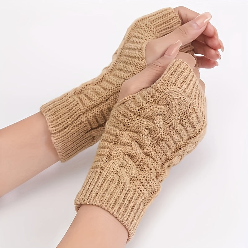 Women'S Cable Knit Fingerless Mittens, Polyester, Solid Color, Elastic, Non-Feathered, with Hand Washable, for Outdoor Warmth, Fashionable Winter Hand Warmers