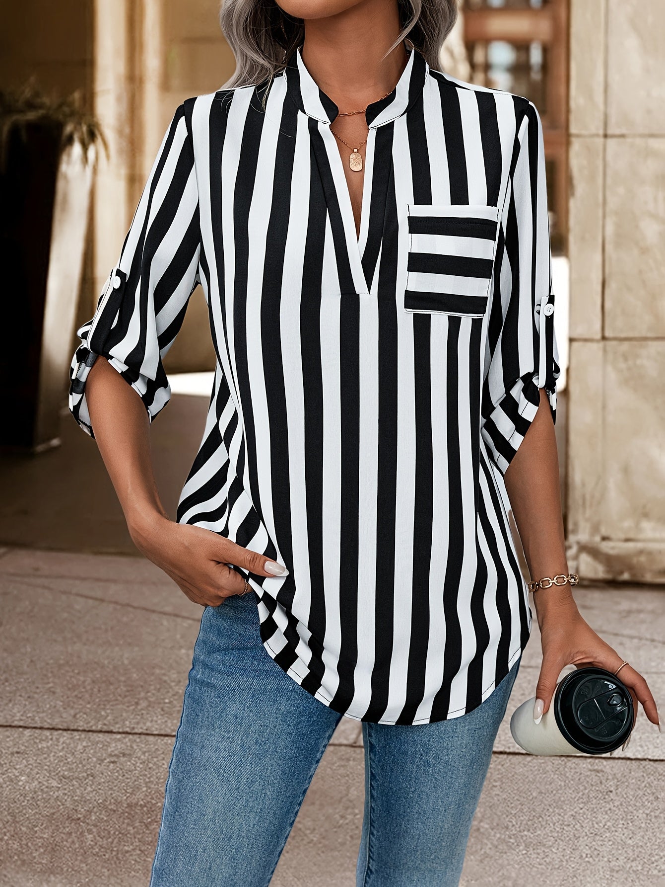 Striped Notch Neck Loose Blouse, Casual Roll-Up Sleeve Blouse for Spring & Fall, Women's Casual Tops