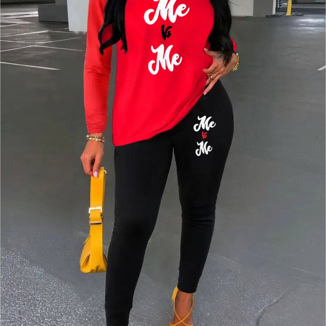 Women's Me Vs Me Print Long Sleeve Outfit - Made from Polyester Blend Knit Fabric, Round Neck Autumn/Winter Set, Includes Pants And Top, Perfect for Business And Casual Attire, an Ideal Gift Choice.