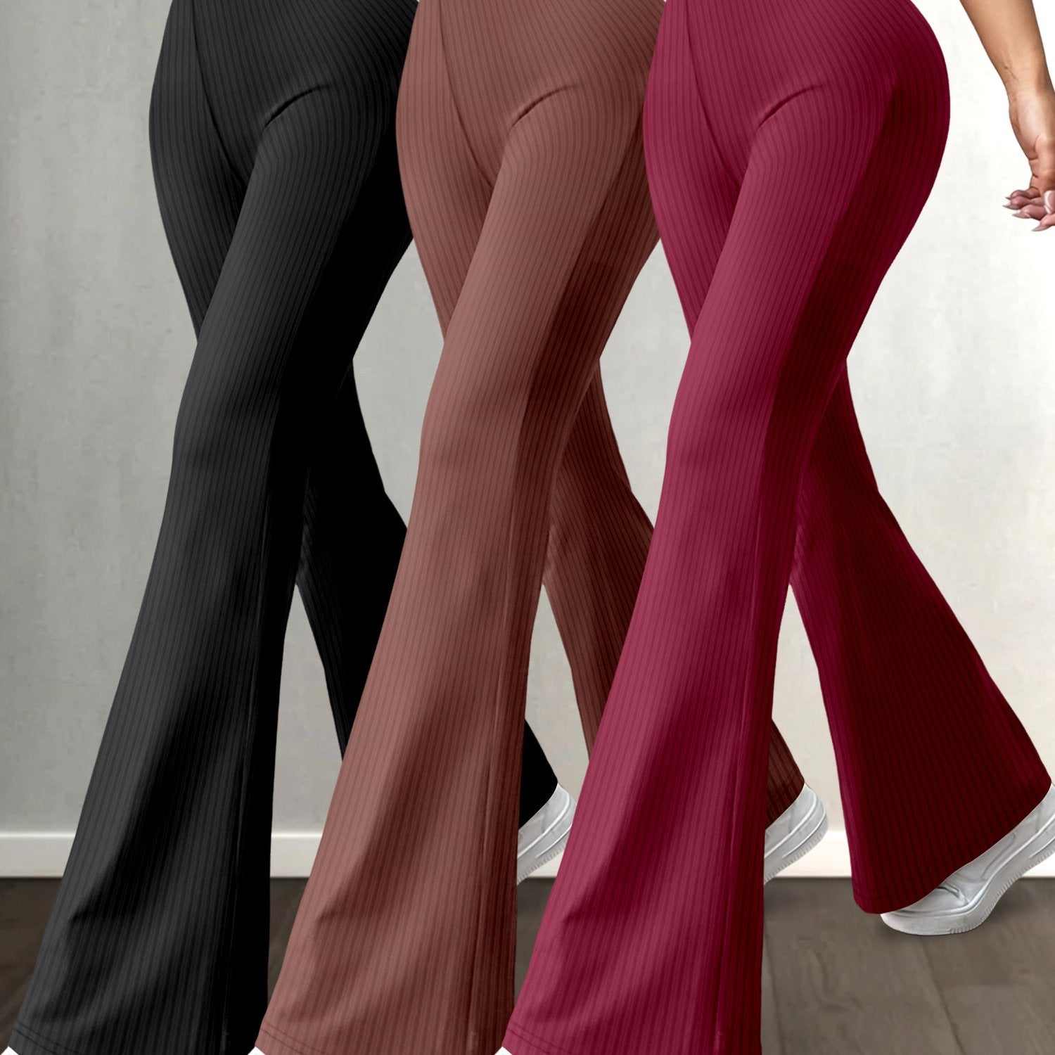 3pcs High-Waist Solid Color Flare Leg Pants for Women - Stretchy & Comfortable, Versatile Casual Yoga Pants in Black, Brown, & Maroon - Durable Polyester/Spandex Blend, Machine Washable