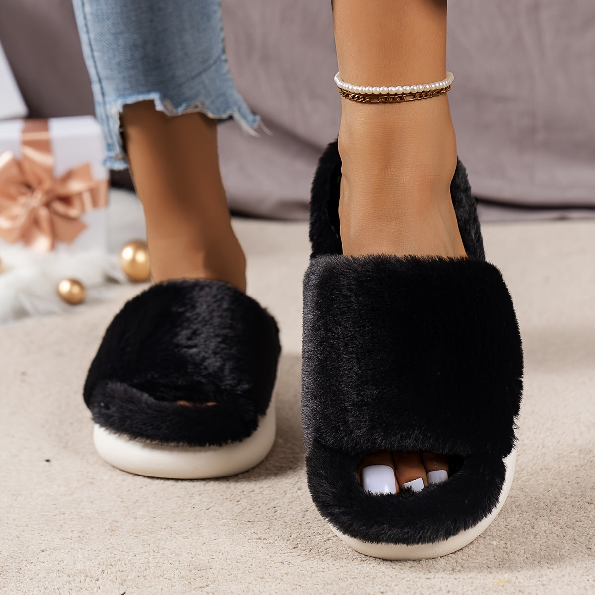 [Cozy Furry Slippers] Comfy Fluffy Furry House Slippers - Single Band Open Toe Platform Fuzzy Shoes - Cozy Warm Home Slippers