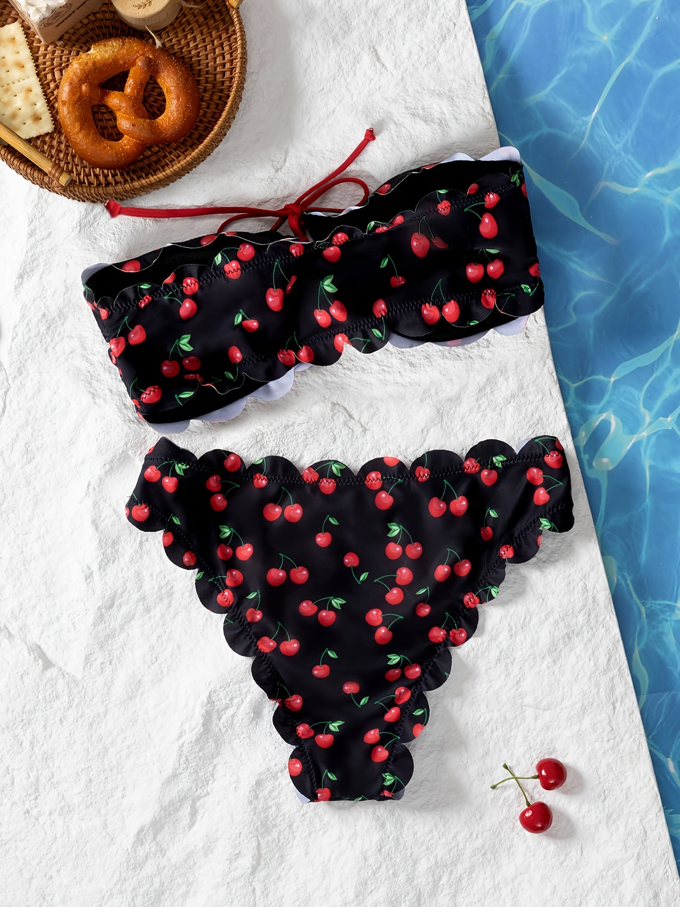Women'S Sexy Strapless Bikini Set, High Stretch Polyester Fabric with Lace-up Detail, Fruit Pattern Swimwear, 85% Polyester 15% Elastane