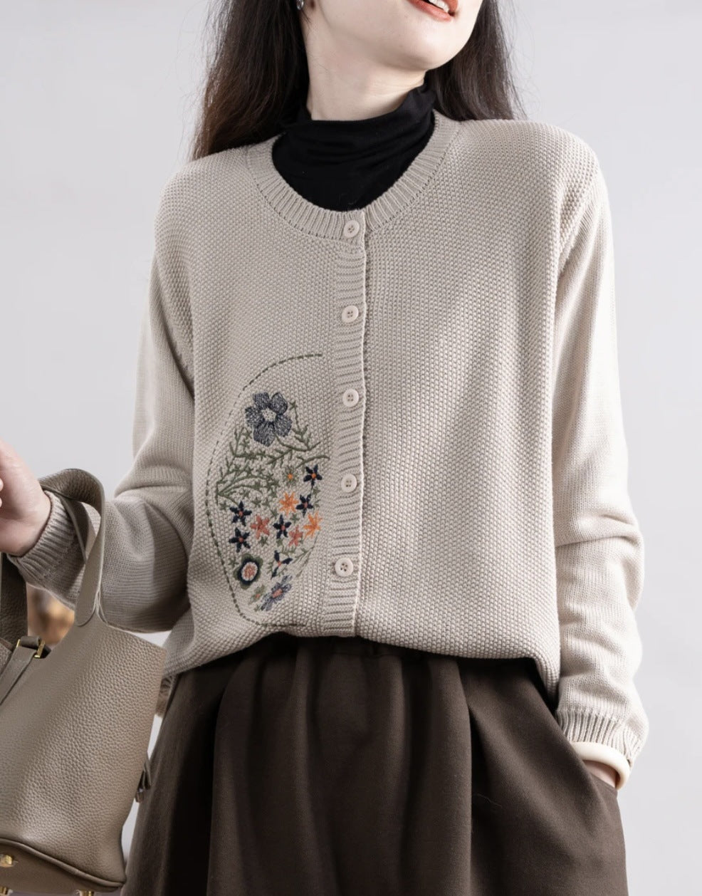 Chinese-style Corn-stitch Cotton Knit Cardigan Sweater For Women