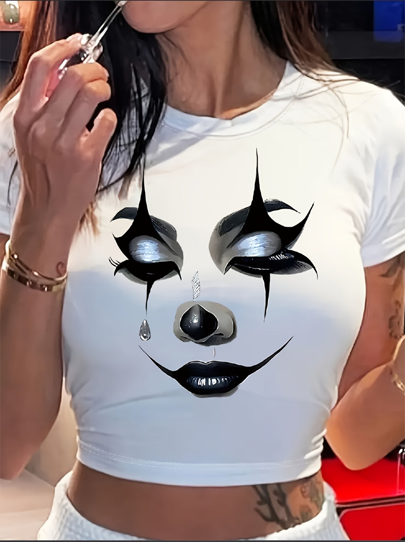Clown Face Print Crew Neck T-Shirt, Casual Short Sleeve T-Shirt For Spring & Summer, Women's Clothing