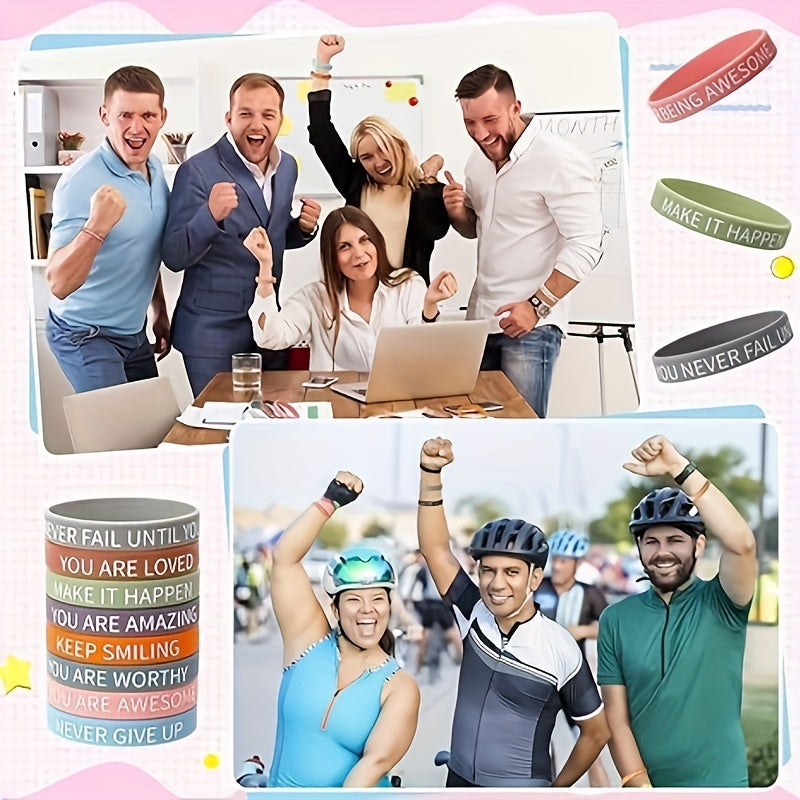64pcs Inspirational Silicone Bracelets - Colorful Motivational Wristbands for Women, Men, Teens, Teachers & Office Use - 16 Unique Designs with Positive Affirmations like "Never Give Up," "Be Amazing" and "Keep Smiling" - Per