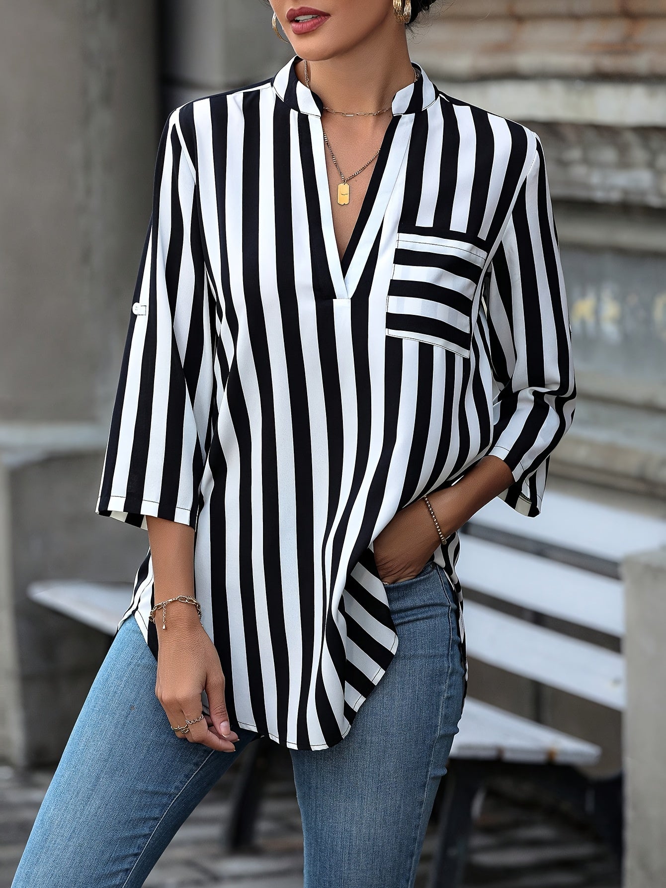 Striped Notch Neck Loose Blouse, Casual Roll-Up Sleeve Blouse for Spring & Fall, Women's Casual Tops