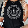 Women'S Black Geometric Crown Strap T-Shirt, Casual Round Neck Short Sleeve Top, Polyester Knitted Fabric, Four Seasons Fashion T-Shirt