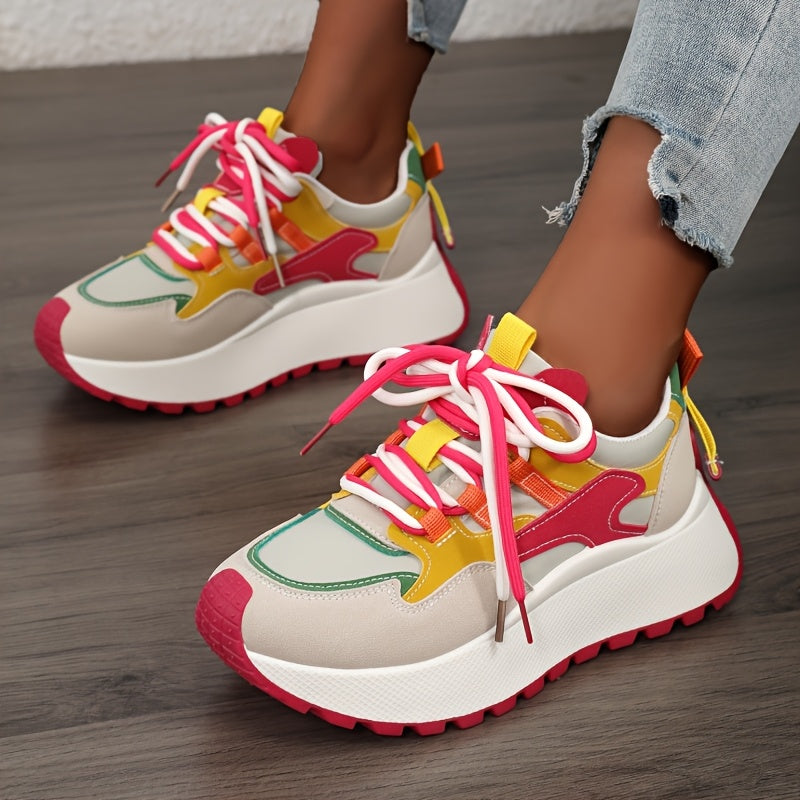 YTMLDY Women'S Fashion Sneakers - Colorful Striped Low Top Lace-Up Shoes with Thick PVC Sole, Breathable Fabric Lining, and Durable Outsole for All-Day Comfort, Casual Sneakers|Vibrant Pattern Shoes|Flexible PVC Sole